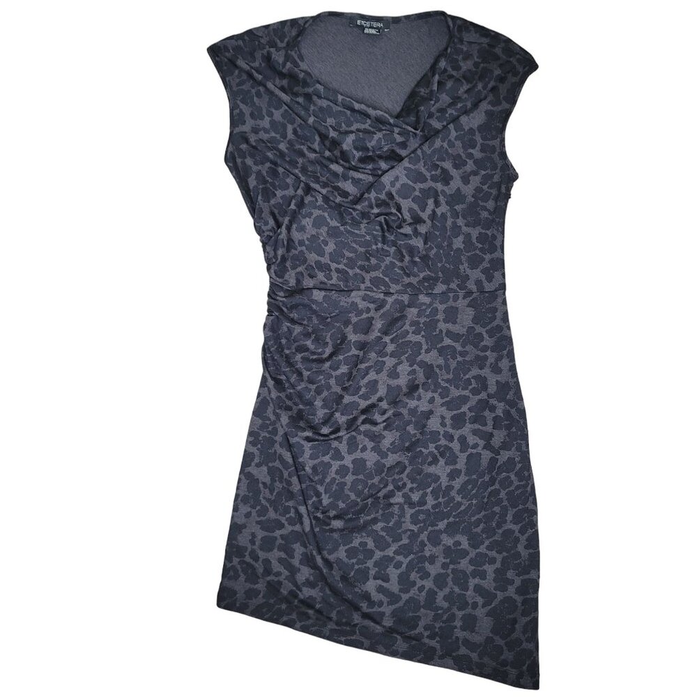 Etcetera Black Gray Leopard Print Sleeveless Dress Asymmetrical Hem Ruched Sz 8